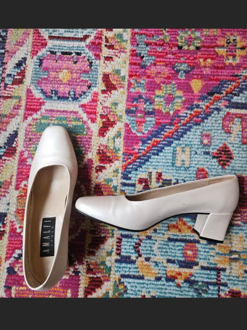 Vintage Italian leather white pearly square toe block heel pumps, size 8.5